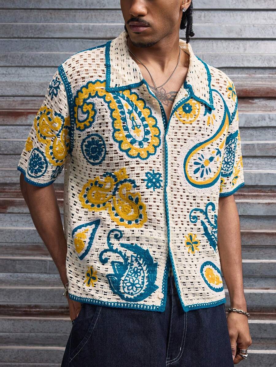 AXEPEAK 男士度假腰果图案短袖单排扣镂空针织开衫 - 彩色 - 查看 1