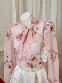 Modelyn Áo sơ mi nữ thanh lịch, in hoa, cổ buộc dây, thích hợp cho công sở. - Nhiều màu - Xem 5