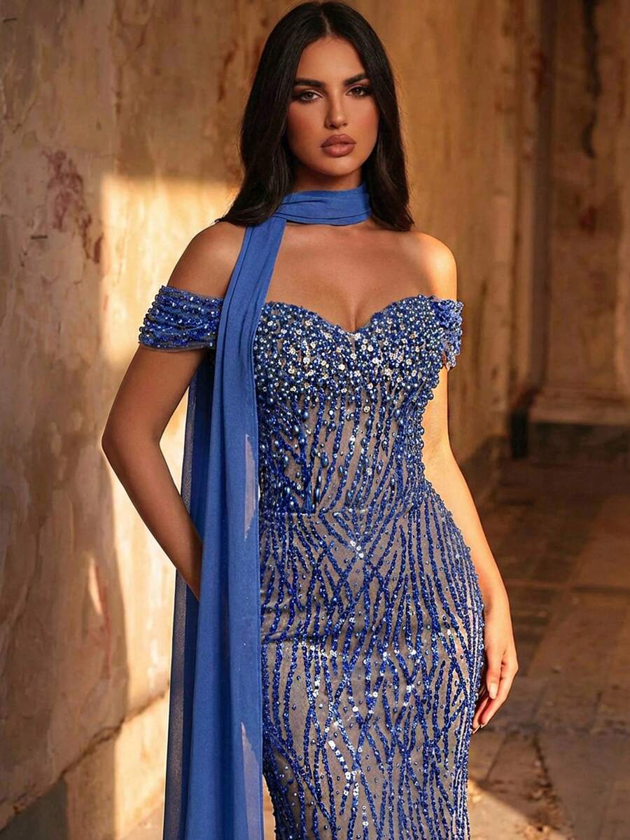 Glamrae Đầm dạ hội trễ vai dáng đuôi cá sang trọng, đính đá lấp lánh, thích hợp cho đám cưới, tiệc tùng, kỳ nghỉ, dạ hội và các dịp trang trọng (thêu họa tiết cầu kỳ). - cái hồ màu xanh - Xem 1