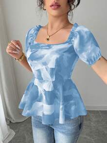 Elenzga Blouse ajustée à manches bouffantes avec volants et imprimé floral élégant pour femmes - Bleu ciel - Voir 6