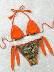 Soleia Bộ bikini đi biển cổ điển nhiều màu sắc với họa tiết da báo, ngựa vằn, hoa lá, kiểu dáng bèo nhún, buộc dây phía trước và tua rua trang trí dành cho nữ. - Màu Cam cháy - Xem 2