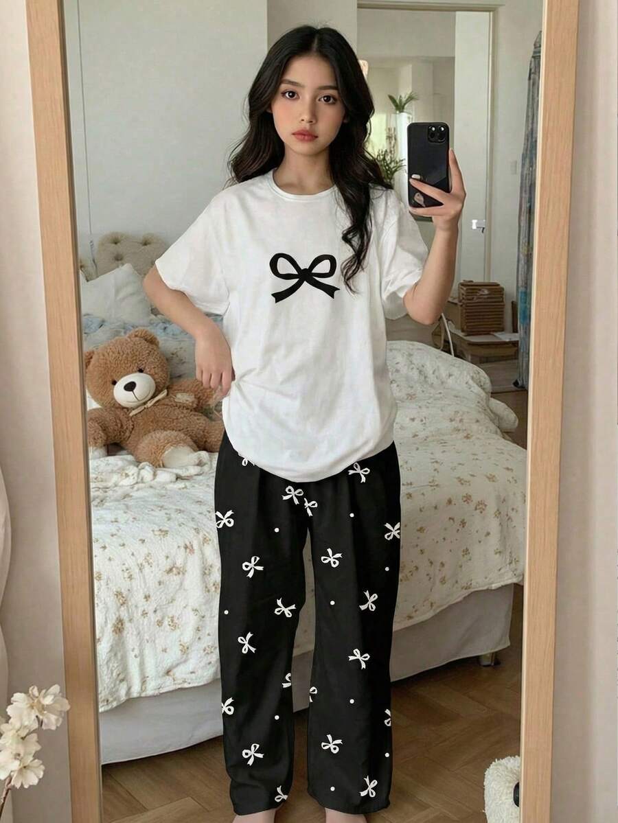 少女休闲宽松简约圆领短袖长裤睡衣套装,适合春夏穿着 - 彩色 - 查看 1