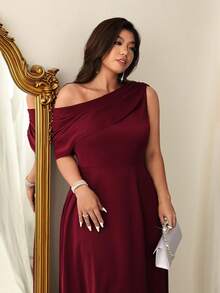 Firerie 女士优雅浪漫精致不对称领褶裥连衣裙，长袖，修身剪裁，红色，女士粉彩色连衣裙 - 紅色 - 查看 6