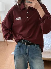 DAZY Women's Long Sleeve Polo Neck Letter Print T-Shirt, Autumn Preppy Tops,Fall Women Clothes - Burgundy - View 7