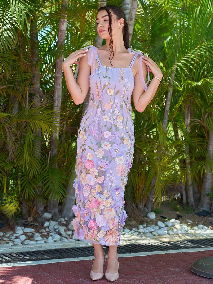 Andrea Bello 女士优雅网眼花卉系带肩无袖腰部修身 A 字长裙，适合外出，春夏季 - 彩色 - 查看 1