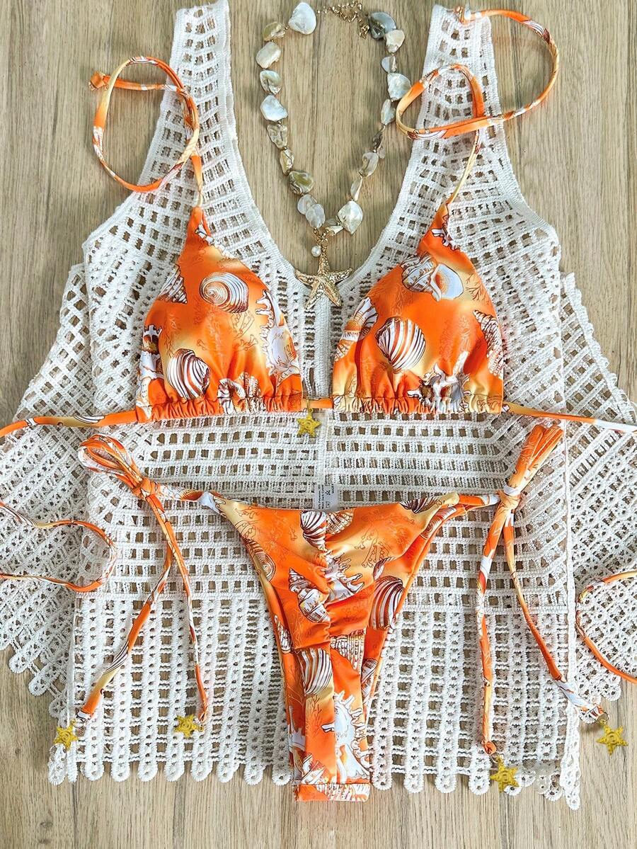 Elavelle Women's Random Print Halter Metal Decor Bikini Set, Spring/Summer - Multicolor - View 1