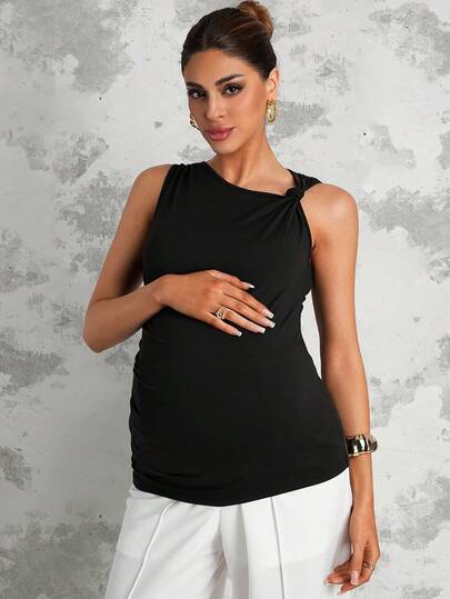 MaterniChic 孕妇休闲度假风纯色不对称领修身黑色背心，夏季