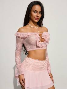 Zyxie 女士优雅蕾丝荷叶边露肩长袖上衣 - 淺粉色 - 查看 6