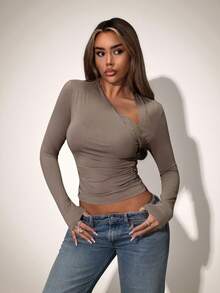 SHEIN ICON Women's Going Out Sexy Solid Color Long Sleeve Fitted Cropped Top With Ruched Asymmetrical Neckline - Grey - View 5