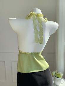 Comfortcana 大码女式纯色撞色蕾丝吊带背心 - 綠色 - 查看 2