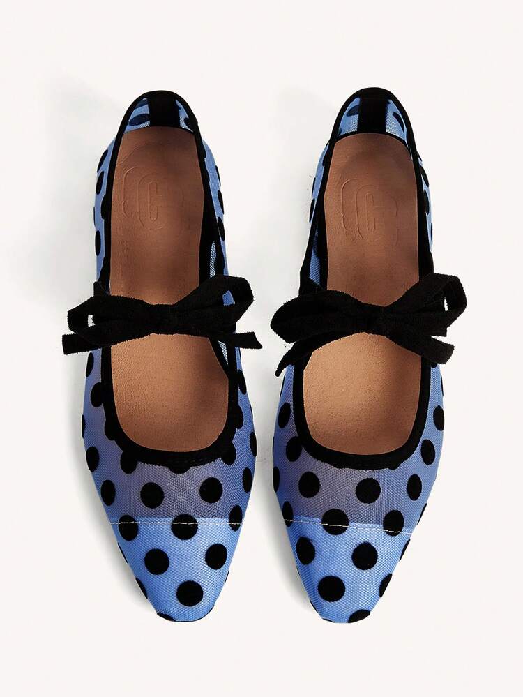 CUCCOO CHICEST 2026 New Mesh Polka Dot Bow Decor Pointed Toe Elegant Versatile Women Flat Shoes, Spring Season, Suitable For Spring Break, Easter And Christmas Wear