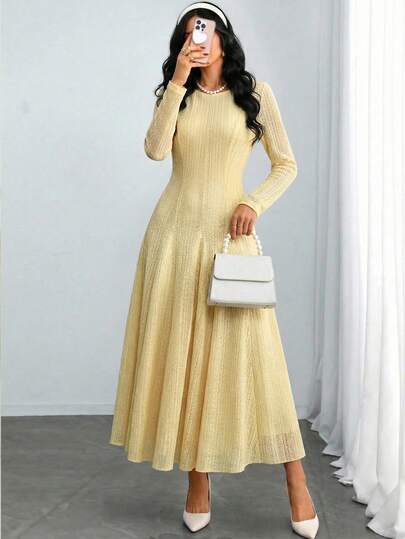 Modelyn Women's Yellow Lace Long Sleeve Waist Cinched A-Line Elegant Dress, Spring/Summer Butter Yellow Lace Knit Long Sleeve Maxi Dress Wedding Guest Butter Yellow Modest Dress Vintage Lace Knit Flared Dress Luxury Textured Lace Knit Fabric Dress Elegant Round Neck & Flared Maxi Silhouette Spring Break Modest Romantic Outfit Date Night Modest Elegant Yellow Dress Garden Party Modest Flared Maxi Dress Vertical Lace Stripe Pattern Modest Romantic & Feminine Aesthetic Lace Knit Vintage Casual Style Spring