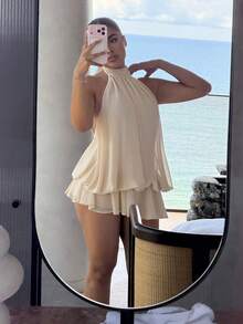 Maria Perezxox 女士优雅浅黄色挂脖系带迷你连衣裙 - 米色 - 查看 1