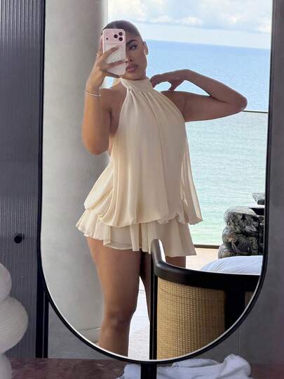 Maria Perezxox Vestido mini elegante de mujer con cuello halter y lazo en color amarillo claro