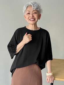 FRIFUL Women's Solid Black Sheer Lace Patchwork Loose Casual Versatile T-Shirt - Black - View 3