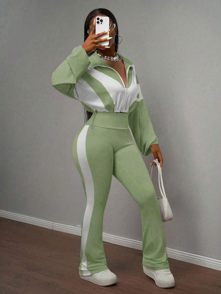 Slaydiva 2025新款早秋休闲简约日常约会运动风瑜伽服小立领前中拉链落肩白色拼接浅紫色下摆抽绳长袖上衣+紫色喇叭裤侧边白色拼接瑜伽裤针织套装女两件套-B
