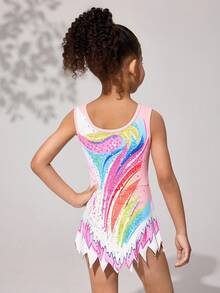 SHEIN Áo liền quần thể dục không tay in họa tiết nhiều màu sắc cho bé gái, bộ đồ liền thân khiêu vũ cho trẻ em, trang phục thời trang rực rỡ cho bé gái nhỏ và lớn, mềm mại và thân thiện với da, phù hợp cho thể dục dụng cụ, múa ba lê, yoga. - Đen và trắng - Xem 2