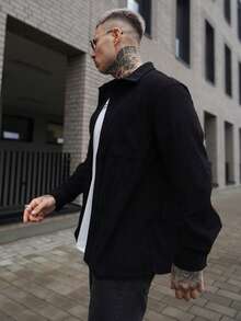 Artur Kramer Bestseller leichte Cord Herren Lässig Hemd Jacke, Kentkragen, Knopfverschluss, Langarm, Design mit zwei Taschen, geeignet für täglichen Lässig-Stil, modisch minimalistisches Ausgehen, bequeme Haus- und Straßenmode, dünnes Langarmhemd für den Frühling - Schwarz - Übersicht 5