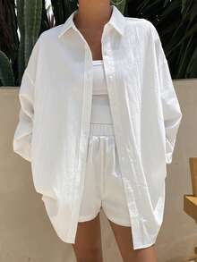 DAZY Women's Loose Lapel Striped Design Versatile Shirt, Blue, Spring/Summer/Autumn,Fall Women Clothes Long Sleeve Top - White - View 7