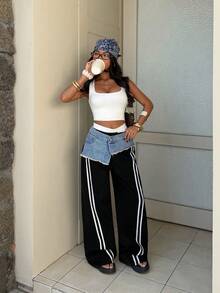 StreetHx Women's Fashion Casual Sports Punk Event Loose Wide-Leg Jeans - Black - View 3