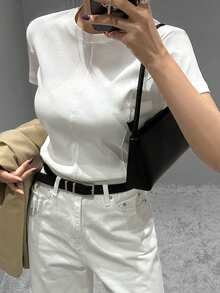 DAZY 1 件女式圆领短袖基本款分层 T 恤，商务休闲女装 - 白色 - 查看 5