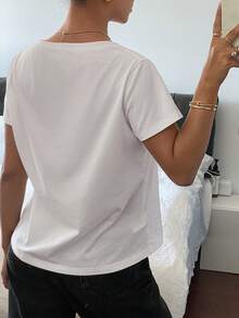Livesso Women's Solid Color V-Neck Short Sleeve Casual Loose T-Shirt,Business Casual Women Preppy Tops - White - View 4