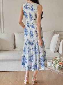 DAZY 女士优雅印花圆领无袖鱼尾中长连衣裙，夏季婚礼宾客礼服 - 藍色 - 查看 2