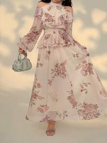 DAZY Women's Elegant Floral Ruffle Cold-Shoulder Blouse And Skirt 2-Piece Set, Spring/Summer - Pink - View 5