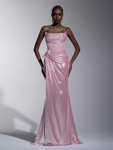 Elitara 优雅奢华针织涂层露肩U领鱼骨腰褶皱鱼尾下摆长款连衣裙，适合节日庆典、婚礼、晚宴、音乐会、商务活动和社交媒体达人活动。 - 粉色 - 查看 1