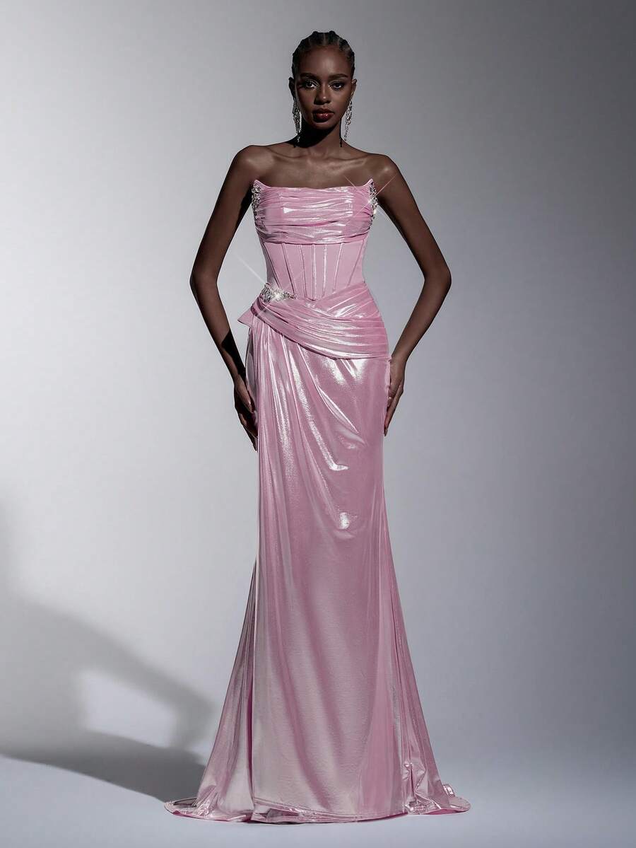 Elitara 优雅奢华针织涂层露肩U领鱼骨腰褶皱鱼尾下摆长款连衣裙，适合节日庆典、婚礼、晚宴、音乐会、商务活动和社交媒体达人活动。 - 粉色 - 查看 1