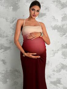 MaterniChic Vestido de tirantes ajustado con bajo de cola de pez degradado para maternidad - Rosa - Ver 6