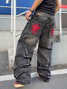 Manfinity EMRG Men's Vintage Streetwear Fashion Versatile Niche Distressed Back Pocket Embroidery Decorative Hardware D-Ring Design Loose Wide-Leg Jeans - Black - View 6