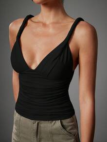 Hauture Women's Sexy Casual Twisted Shoulder With Low Back Design Going Out Basic Top - Black - View 3