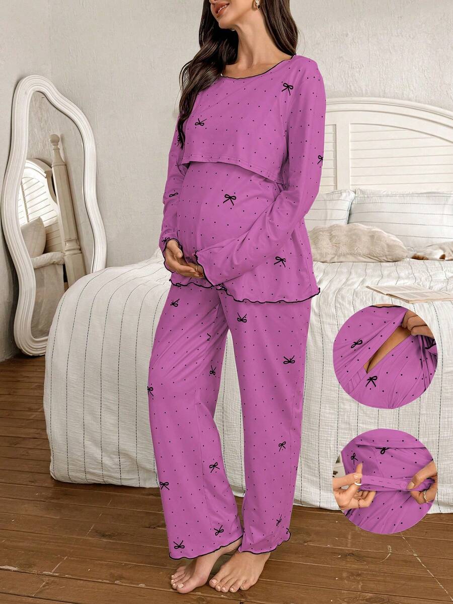 Moonlight&Mama 2pcs Polka Dot Bow Print Nursing Friendly Crew Neck Long Sleeve Top And Pants Maternity Pajama Set - Pink - View 1