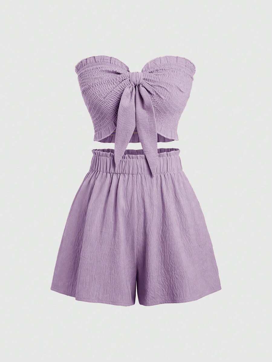 Sweetra Bộ đồ 2 món dành cho nữ, áo ống và quần short màu trơn, ôm sát, thích hợp cho mùa hè. - Màu Lilac Tím - Xem 1