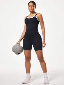 SHEIN Sports 女士二合一吊带背心短裤连体裤 - 黑與白 - 查看 6