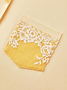 LUVLETTE Soft 100% Pure Cotton Luxurious Lace Trim Button-Up Top & Pants Loungewear Pajama Set For Lingerie - Yellow - View 6