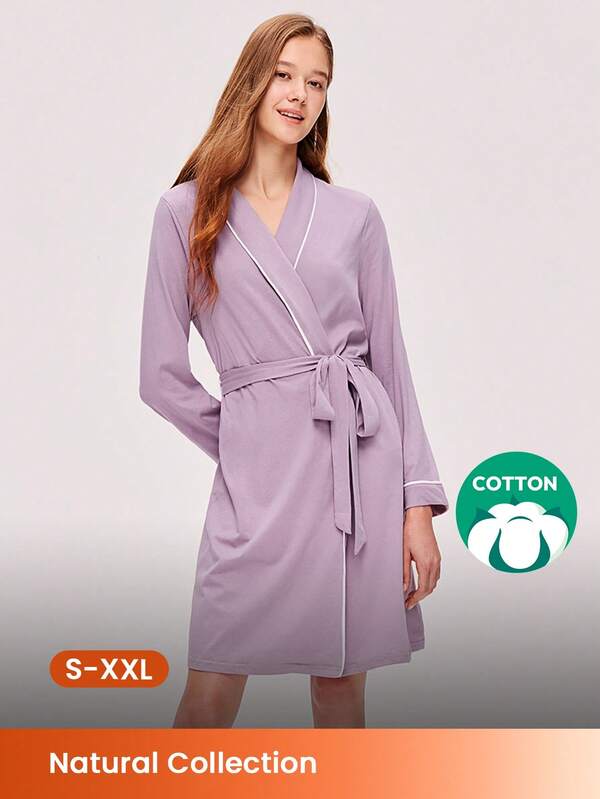 LUVLETTE Basic Soft Purper 100% Pure Cotton Long Sleeve Short Tie-Waist Women Bath Robe Pajamas Night Gown Women