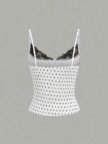 Sweetra 女士法式缎面波点蕾丝拼接修身吊带背心，夏季 - 白色 - 查看 2