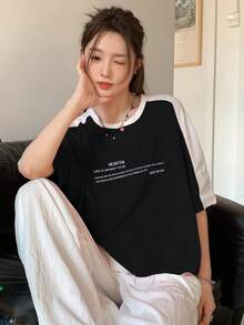 DAZY Women's Loose Drop Shoulder Short Sleeve T-Shirt With Slogan Print HEARTEN LIFE IS MEANT TO BE ENJOYED AND WE SHOULD MAKE THE MOST OF EVERY MOMENT AND CHERISH THE PEOPLE AND EXPERIENCES THAT BRING US JOY SEIZE THE DAY - Black - View 2