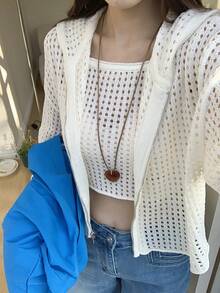 DAZY Women's Ivory Hollow-Out Knitted Cardigan & Vest 2 Pieces Set, French Minimalist Style, New Autumn Collection - White - View 6