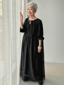 FRIFUL 女士轻薄透视面料连衣裙，腰部褶皱设计，宽松休闲百搭，黑色，春夏长款连衣裙 - 黑色 - 查看 7