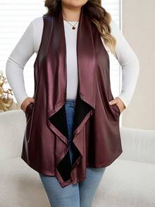 SHEIN CURVE+ Plus Size Burgundy PU Asymmetrical Waterfall Neckline Vest Regular Length Casual Coat - Burgundy - View 6