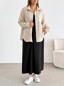 SHEIN Essnce 大码女装春夏时尚休闲宽松舒适日常百搭显瘦杏色纽扣长袖衬衫和黑色束腰吊带长裙两件套，春季穿搭，简约风格，机场穿搭 - 杏色 - 查看 3