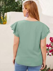 Reflora Plus Size Women's Solid Color Keyhole Neck Ruffle Trim Short Sleeve Elegant Blouse - Mint Green - View 2