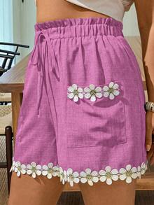 SHEIN Clasi 大码仿牛仔布梭织面料，雏菊花边装饰，宽松阔腿，松紧腰带，抽绳设计，真口袋，休闲短裤，适合外出、通勤、聚会、约会 - 藕粉色 - 查看 5