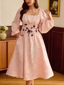 Vintamour Vintage klassisch elegantes Damenkleid, Herbst/Winter tailliertes Jacquard-Kleid, Jacquard-Kleid, Patchwork-Kleid, rosa langärmliges ausgestelltes Kleid - Pink - Übersicht 3