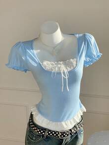Comfortcana Women's Contrast Color Bow Decor Short Puff Sleeve Fashionable T-Shirt - Blue - View 4