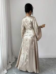 Elenzga Đầm chữ A thanh lịch cổ chữ V, thắt eo, tay áo bất đối xứng, đầm dự tiệc cocktail cao cấp, thích hợp cho các buổi hẹn hò và ngày lễ. - Vàng - Xem 2