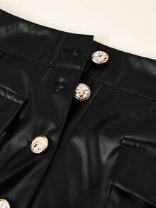 SHEIN Franclia Women's Solid Color Button Design Pocket Fashion PU Shorts - Black - View 4